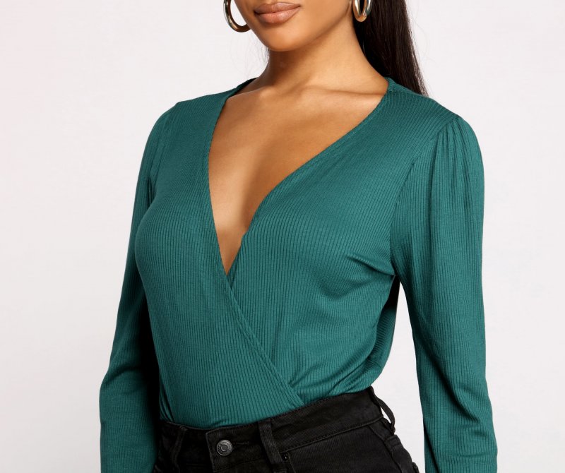 TableClothsUs Sultry Deep V Neck Ribbed Bodysuit