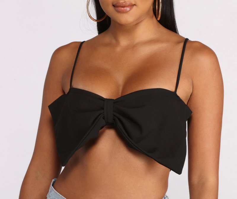 TableClothsUs Crepe Knit Spaghetti Strap Bow Crop Top