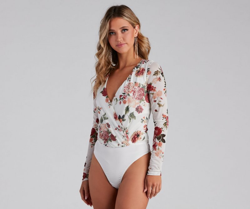 TableClothsUs Natural Bloom Mesh Floral Surplice Bodysuit