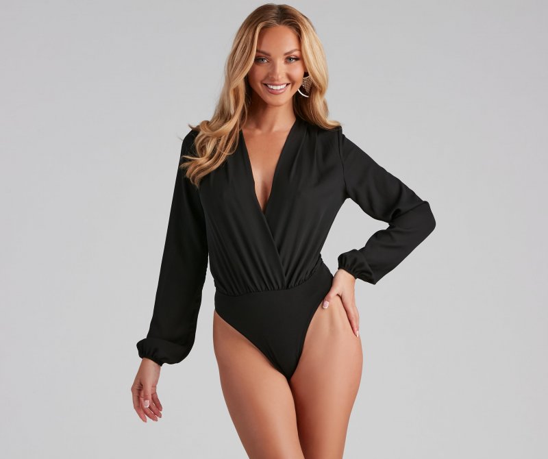 TableClothsUs Stylish Allure Surplice Plunge Neck Bodysuit