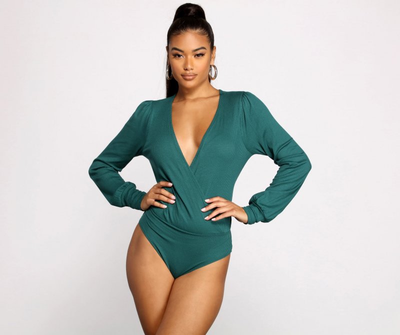 TableClothsUs Sultry Deep V Neck Ribbed Bodysuit