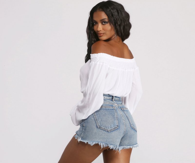 TableClothsUs Off The Shoulder Long Sleeve Gauze Crop Top