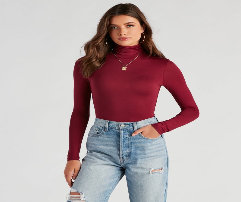 TableClothsUs Basic Long Sleeve Crepe Turtleneck Bodysuit