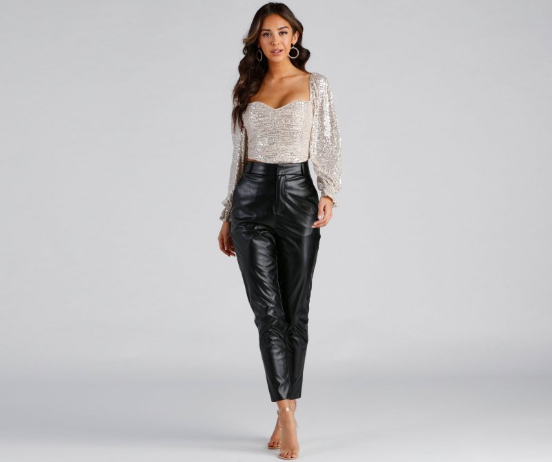 TableClothsUs Chandelier Sequin Long Sleeve Crop Top