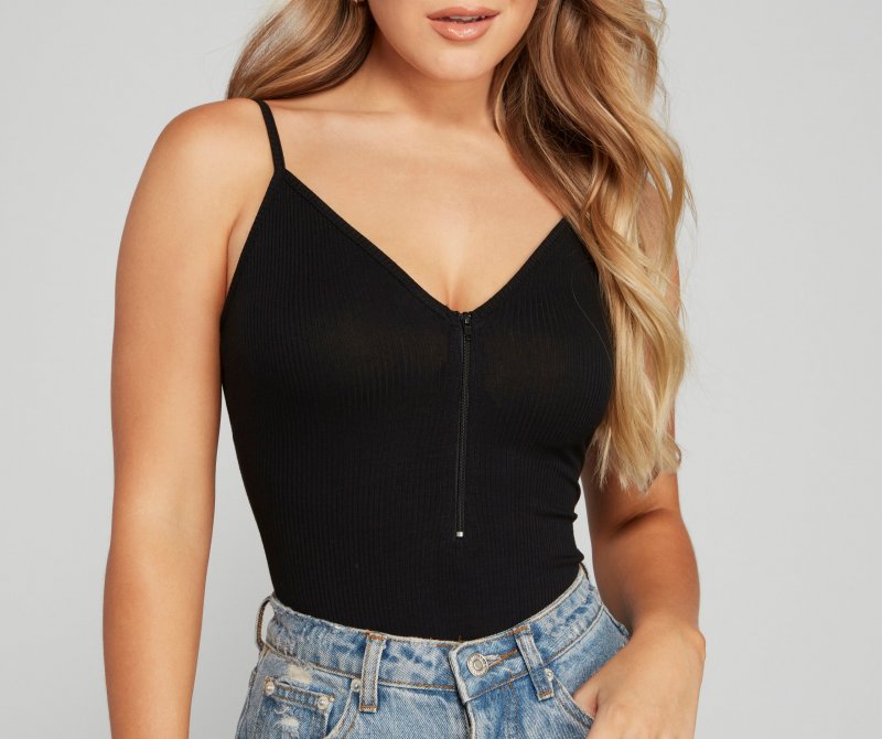 TableClothsUs Basic Zip-Front Ribbed Knit Bodysuit