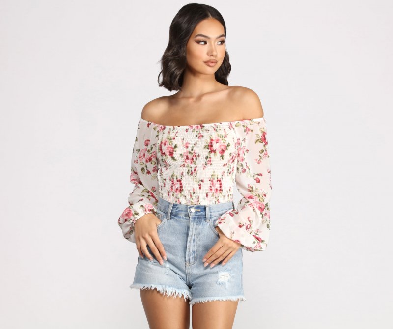 TableClothsUs Off The Shoulder Floral Smocked Top