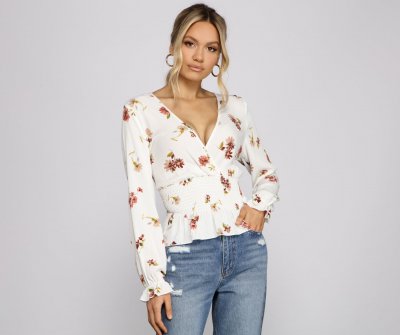 TableClothsUs Smocked Long Sleeve Floral Surplice Gauze Top