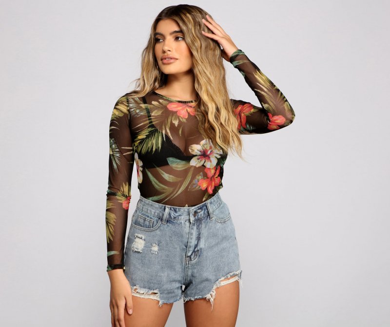 TableClothsUs Tropical Long Sleeve Mesh Crop Top