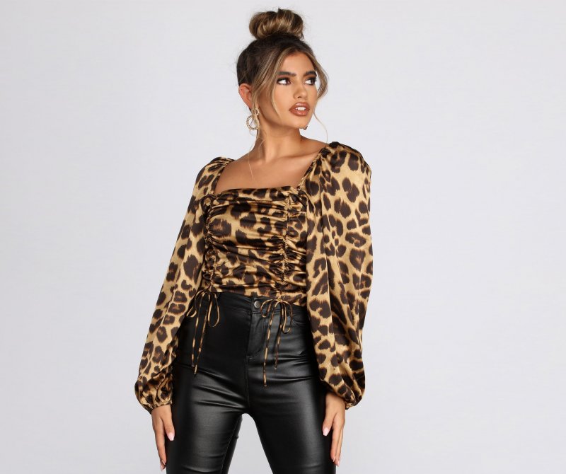 TableClothsUs Tie Front Leopard Print Satin Blouse