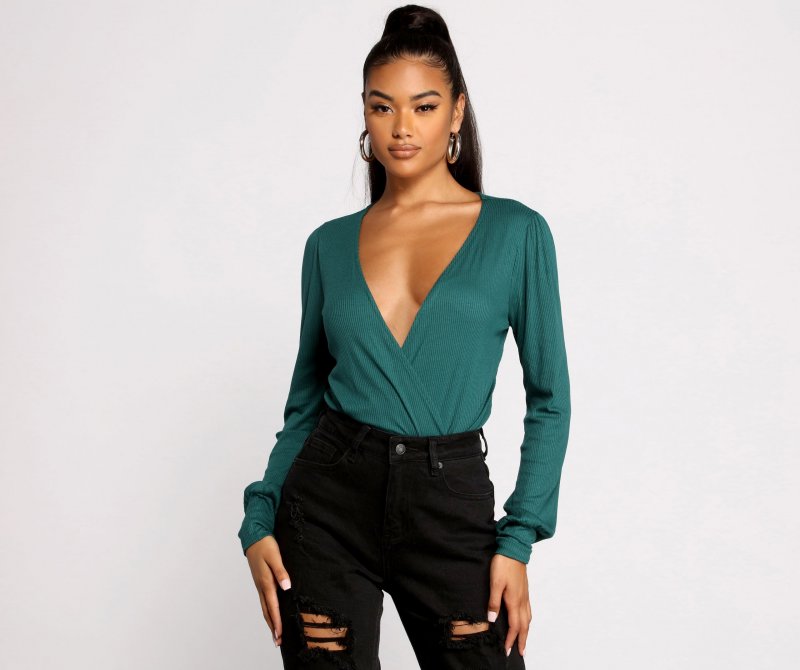 TableClothsUs Sultry Deep V Neck Ribbed Bodysuit