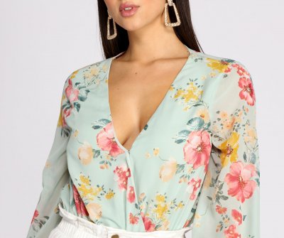 TableClothsUs Poised In Petals Floral Chiffon Bodysuit