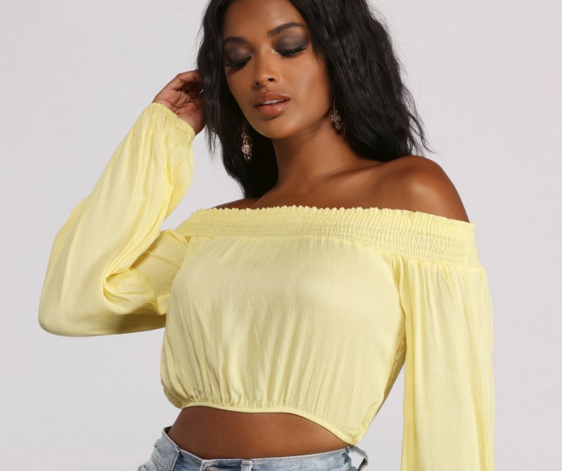 TableClothsUs Off The Shoulder Long Sleeve Gauze Crop Top