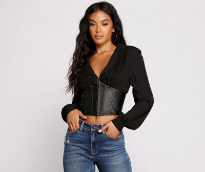 TableClothsUs Stunning Satin And Faux Leather Corset Crop Top